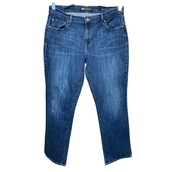 Levi's 505 Women's Blue Whiskered Jeans Straight Leg Dark Wash Size 14 - Picture 1 of 12